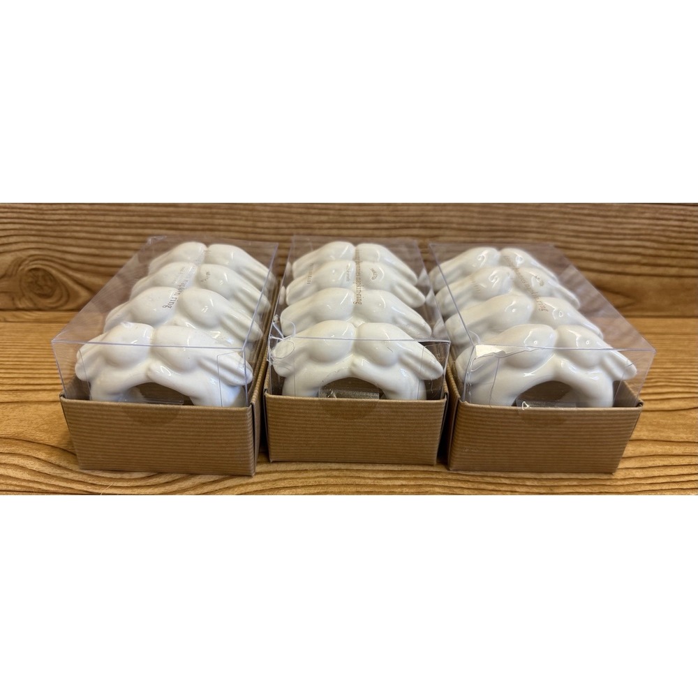 NEW Set of 12 Pottery Barn "Kissing Bunnies" White Napkin Ring Holders